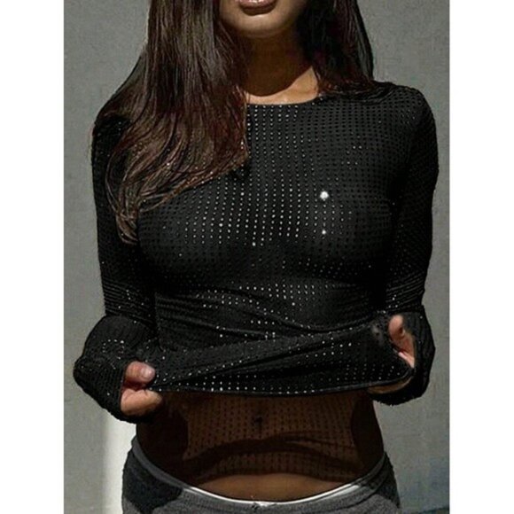 Tops - Women's Summer Flash Round Neck Long Sleeves Slim Mesh Tulle T-Shirt Going Out C